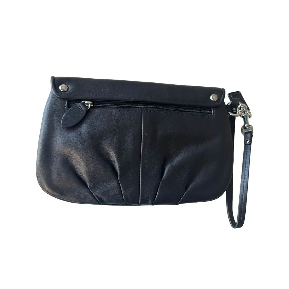 Coach Black Leather Fold‎ Over Clutch Wristlet Silver Hardware Credit Card Slots